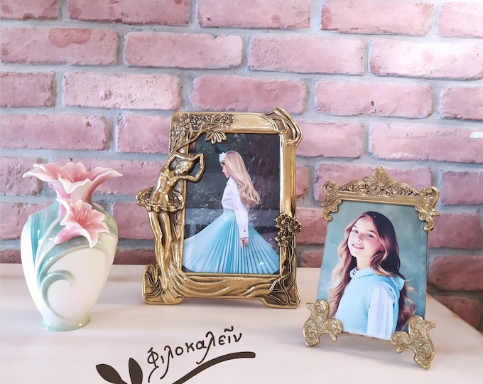 Featured listing image: Gold Brass Photo Frame with Ballerina, Antique Victorian Photo Holder, 4.5" x 7" portrait, Old Picture Frame, Birthday Gift, Wedding Gift
