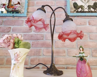 Lampe de table double en laiton antique avec abat-jour en verre dépoli floral, lampe de table en bronze vintage, décoration d'intérieur Art nouveau, cadeau de mariage