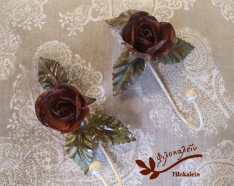 Red Rose Metal Wall Hooks: Romantic Entryway Decor, Set of 2