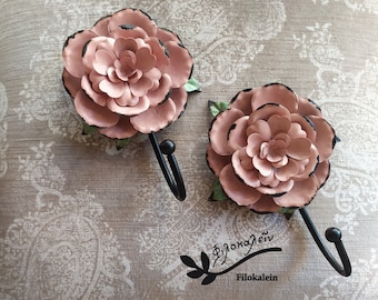 Pink Flower Metal Wall Hooks - Romantic Entryway Decor (Set of 2)