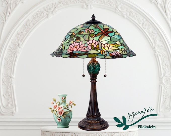 Featured listing image: Big Tiffany Table Lamp with pink lotus flowers floating on fresh aqua water, Big Tiffany Antique like Desk Lamp, Mothers Day, Wedding Gift