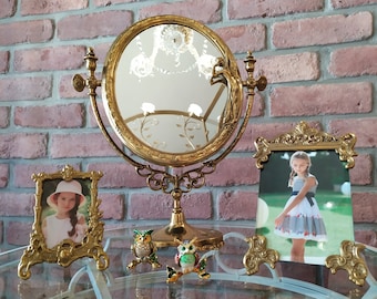 Brass Gold Oval Dressing Table Mirror, Antique Art Nouveau Style Vanity Mirror, Wedding Gift, Birthday Gift, Mother&#39;s Day Gift, Anniversary