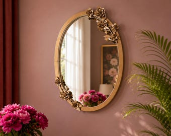 Iron Floral Wall Mirror, Antique Gold Art Deco Style, Vanity Mirror