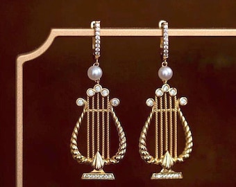 Greek Harp Drop Earrings, Gold Plated Brass, Vintage Statement Earrings with Pearls & Zirconia, Ancient Greek Jewelry