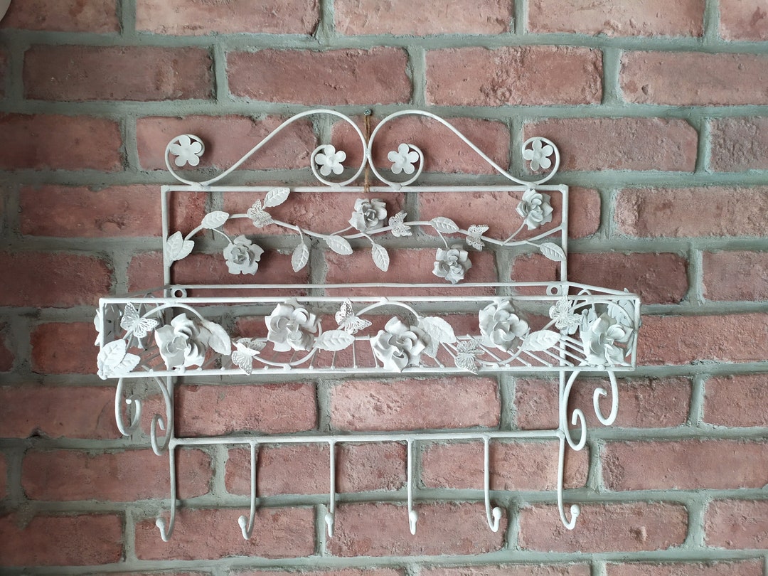 Wall Mount Coat Hat Rack With 6 Hooks, White Flower Hat Rack, Butterfly