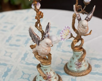 Porcelain Bird Candleholder Pair: Antique Brass Candlestick Decor