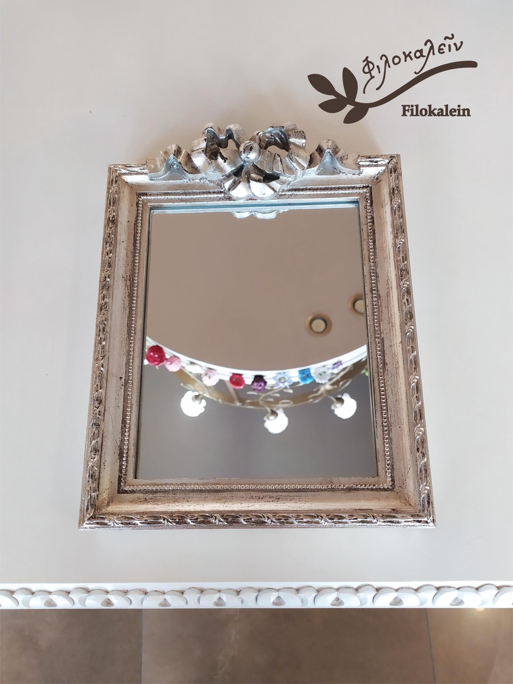 Vintage Silver Wall Bow Mirror, Rectangle Bow Top Dressing Mirror, Art Deco Vanity Ribbon Mirror, Silver Wall Decoration, Wedding Gift