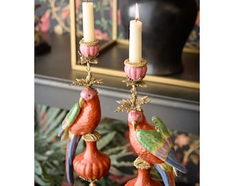 Coral Bird Candle Holder Pair with GIFTed Glass Drip Guards, Antique Porcelain Brass Candlesticks, Wedding Gift, Vintage Dining Table Decor