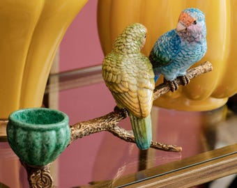 Antique Porcelain Parrot Candleholder:  Porcelain Tropical Birds on Brass Tree Branch Decor