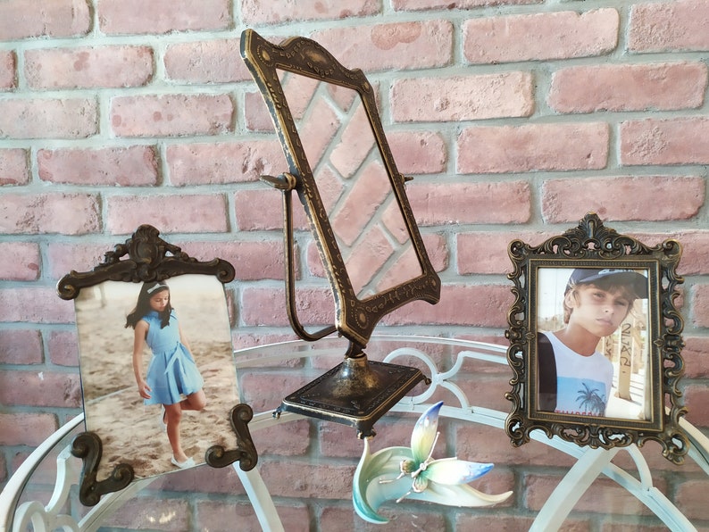 Vintage Brass Rectangle Dressing Table Mirror, Antique Art Nouveau