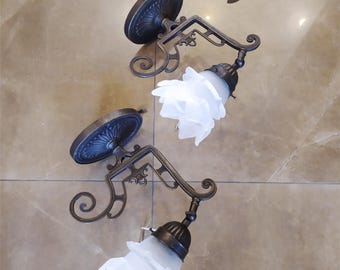 Vintage Brass Wall Sconce Pair: Floral Glass Shade, Art Nouveau Antique Style, Romantic Lighting
