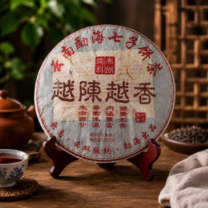 Op de afbeelding: Een ronde, geperste theekoek verpakt in gebroken wit papier met rode Chinese karakters en een centraal rood vierkant zegel. De tekst vermeldt een gewicht van 357 gram. De theekoek staat op een donkerbruine houten standaard en is voorzien van gedetailleerde kalligrafie en traditionele markeringen die op het oppervlak van de papieren wikkel zijn gedrukt.