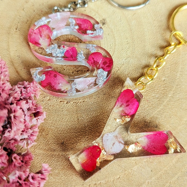 Sleutelhanger gedroogde bloemen bloesems gepersonaliseerde sleutelkoord kettingletter alfabet epoxyhars romantiek goud zilver rosé