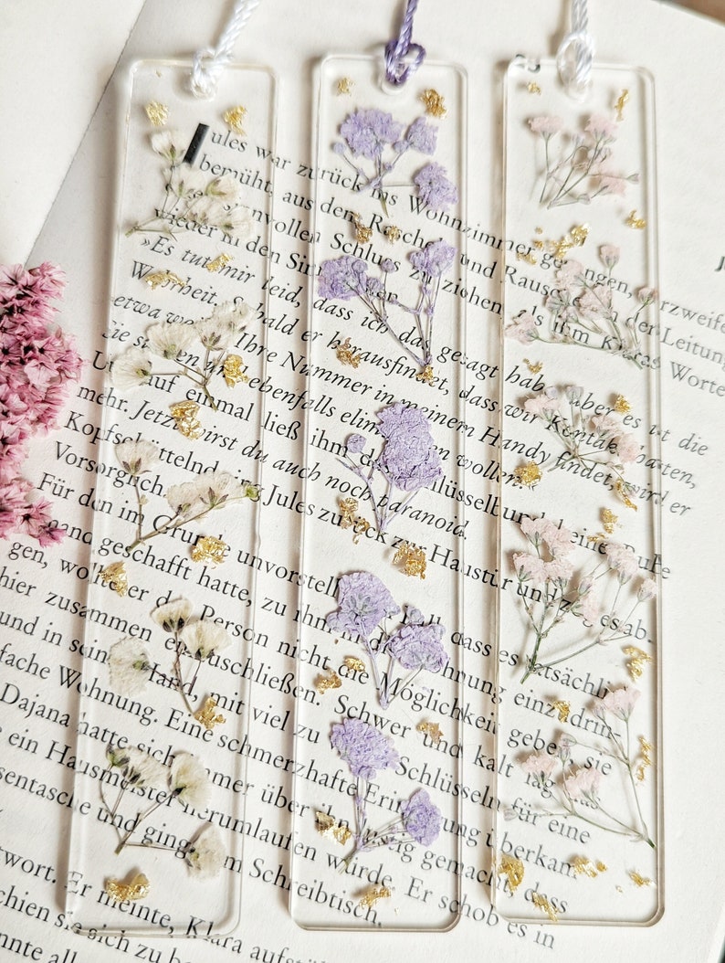 Bookmark epoxy resin with pressed and dried flowers and petals gold paper plants reading gift girlfriend special gift image 1