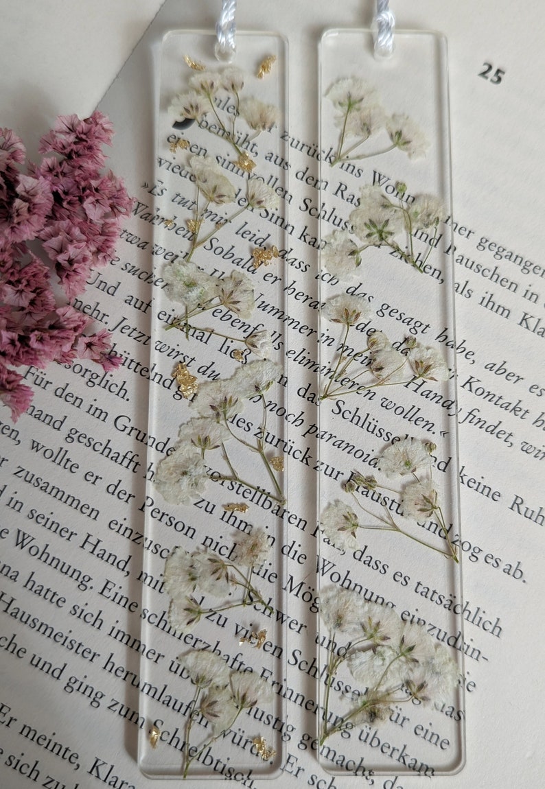 Bookmark epoxy resin with pressed and dried flowers and petals gold paper plants reading gift girlfriend special gift image 2