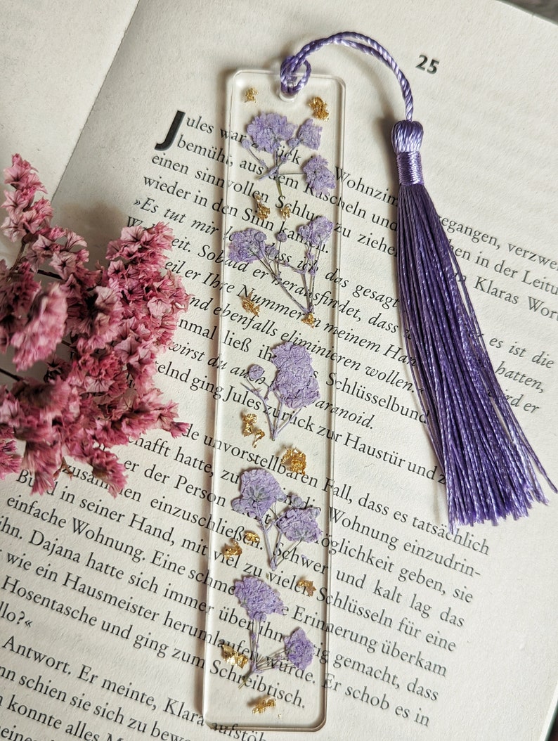 Bookmark epoxy resin with pressed and dried flowers and petals gold paper plants reading gift girlfriend special gift image 7