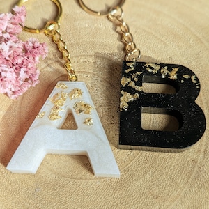 Schlüsselanhänger Schlüsselband Kette Buchstabe Alphabet Epoxidharz Resin Romantik Hochzeit Schwarz Weiß Gold
