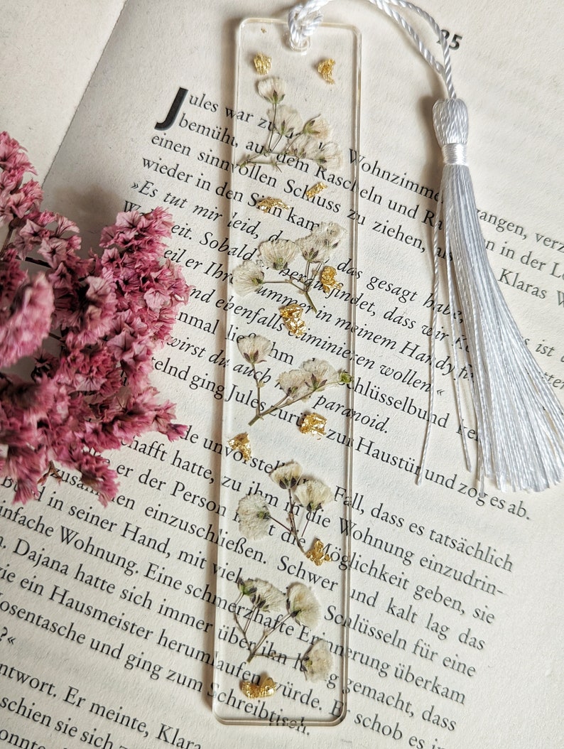 Bookmark epoxy resin with pressed and dried flowers and petals gold paper plants reading gift girlfriend special gift image 3