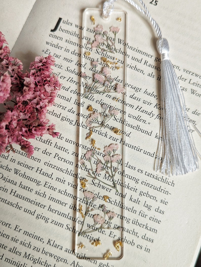 Bookmark epoxy resin with pressed and dried flowers and petals gold paper plants reading gift girlfriend special gift image 8