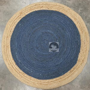Hand Braided Round Jute Rug: Natural & Navy Bohemian Decor (3x3 Ft)