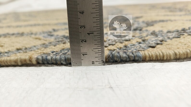 Ruler Rug Hand Braided Jute Dhurrie Rug: Natural Fiber, Blue Geometric Design ...