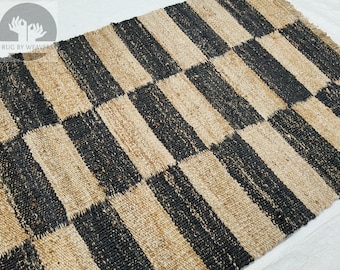 Handmade Jute Area Rug: Black & Natural Braided Dhurrie, Custom Size