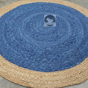 Hand Braided Round Jute Rug: Natural & Indigo, 3x3 Ft