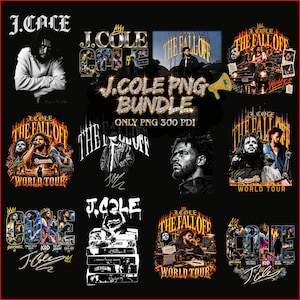 May include: A digital collection of J. Cole graphic designs featuring various portraits, concert tour imagery, and album-themed typography. The bundle includes multiple artistic layouts with text such as J. Cole, The Fall Off, and World Tour in various styles.