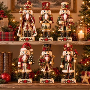 May include: Six decorative nutcracker figurines arranged on a shelf, each wearing detailed red, green, and gold uniforms with floral patterns. They hold various items including a staff, a drum, a gift, a lantern, a tree, a wreath, and a bird.