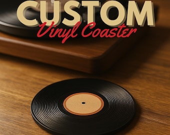 Custom Vinyl Record Coaster – 3D Printed | Personalised Label | Retro Gift for Music Lovers | Buy 4 Get Free Holder | Handmade