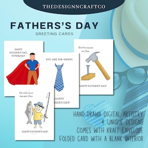 Grappige Vaderdagkaarten – Handgetekende Dad Joke-ontwerpen (set van 4) | Woordspelingen, grappig, papgrappen