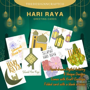 Tarjetas de felicitación de Hari Raya con ilustraciones dibujadas a mano / 8 diseños únicos, sobre kraft incluido / Festivo