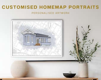 Retrato de casa personalizado con mapa: ilustración de casa dibujada a mano