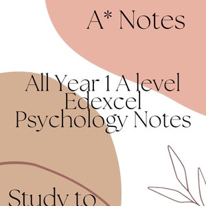 Könnte beinhalten: Digitale Grafik mit weißem Hintergrund und abstrakten Formen in Braun- und Rosatönen. Der Text enthält "A* Notes", "All Year 1 A level Edexcel Psychology Notes" und "Study to success". Eine Strichzeichnung von Blättern befindet sich in der unteren rechten Ecke.