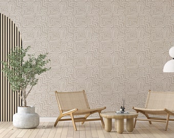 Japandi Calm Labyrinth Design Traditional Non pasted Wallpaper,Peel&Stick,Neutral Geometric,Home Decor,Minimalist Abstract Interior,WabiSabi