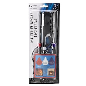 May include: A three-pack of black multi-purpose lighters in a clear plastic package. The package includes a wind-resistant lighter, a regular lighter, and a flexi-tip lighter. The package has the text "GENEVA" and "MULTI-PURPOSE LIGHTERS".