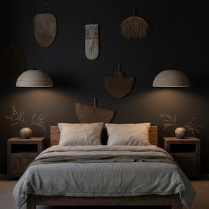 May include: A bedroom with a wooden bed frame, neutral bedding, and two bedside tables. Decorative wooden wall hangings and pendant lights enhance the room's aesthetic. The room has a dark, moody colour palette.