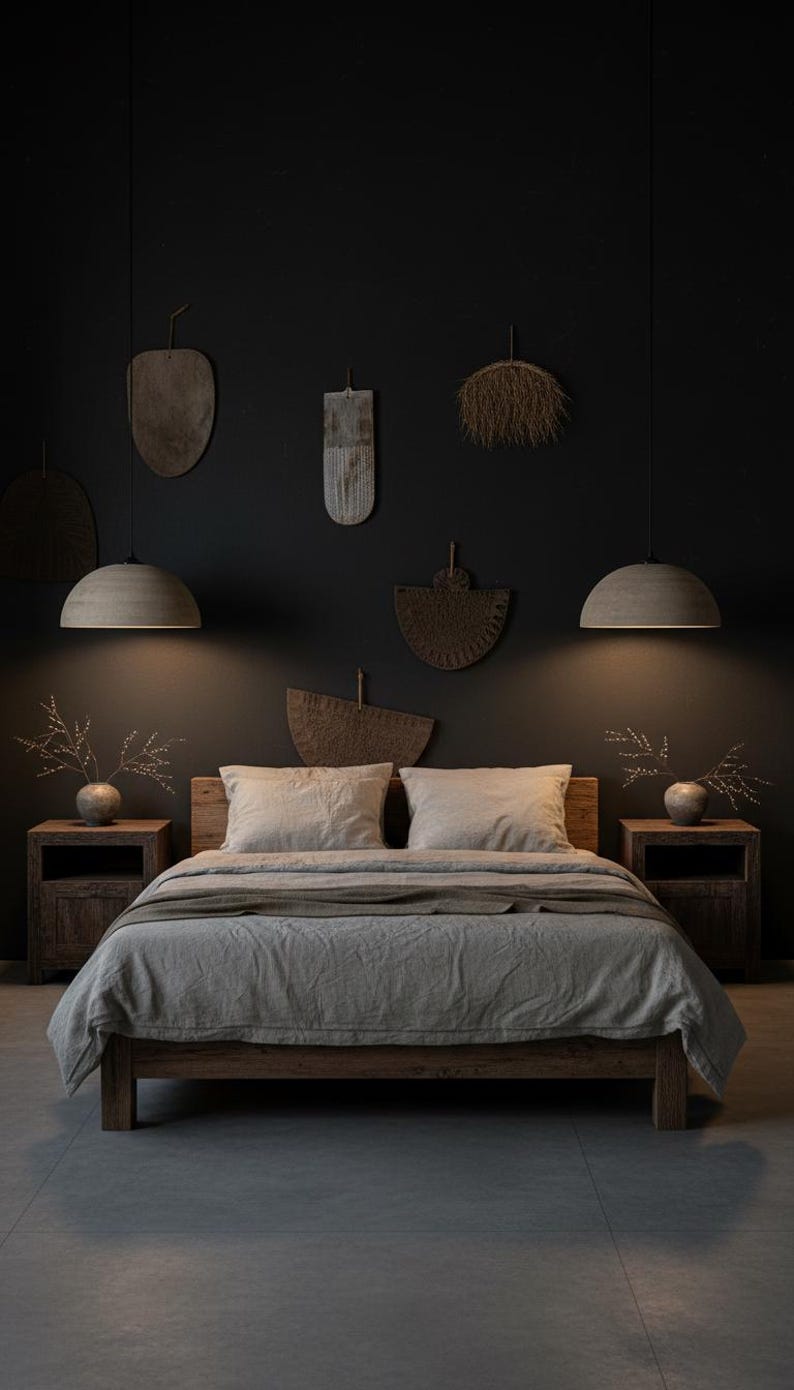 May include: A bedroom with a wooden bed frame, neutral bedding, and two bedside tables. Decorative wooden wall hangings and pendant lights enhance the room's aesthetic. The room has a dark, moody colour palette.