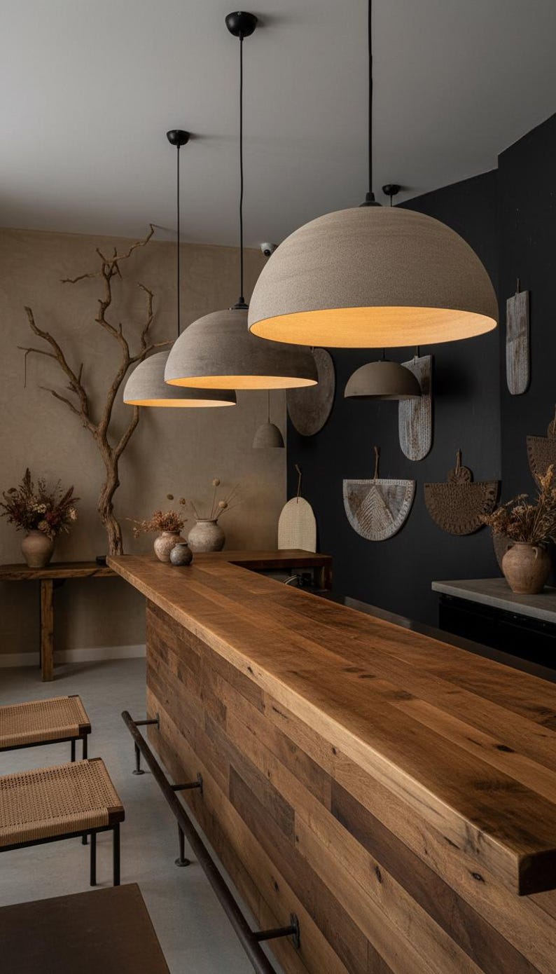 May include: Interior view of a bar area featuring three large, dome-shaped pendant lights. The bar has a wooden countertop and front. Rustic decor includes wall hangings and dried floral arrangements, creating a warm atmosphere.