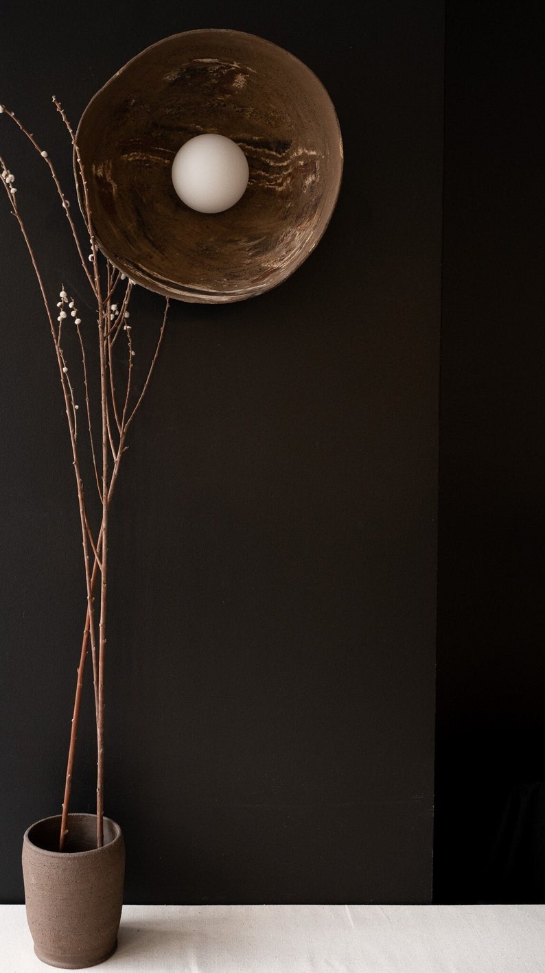 May include: A brown ceramic planter with a single branch of white blossoms in it, set against a black wall. A round, brown, ceramic light fixture hangs above the planter.