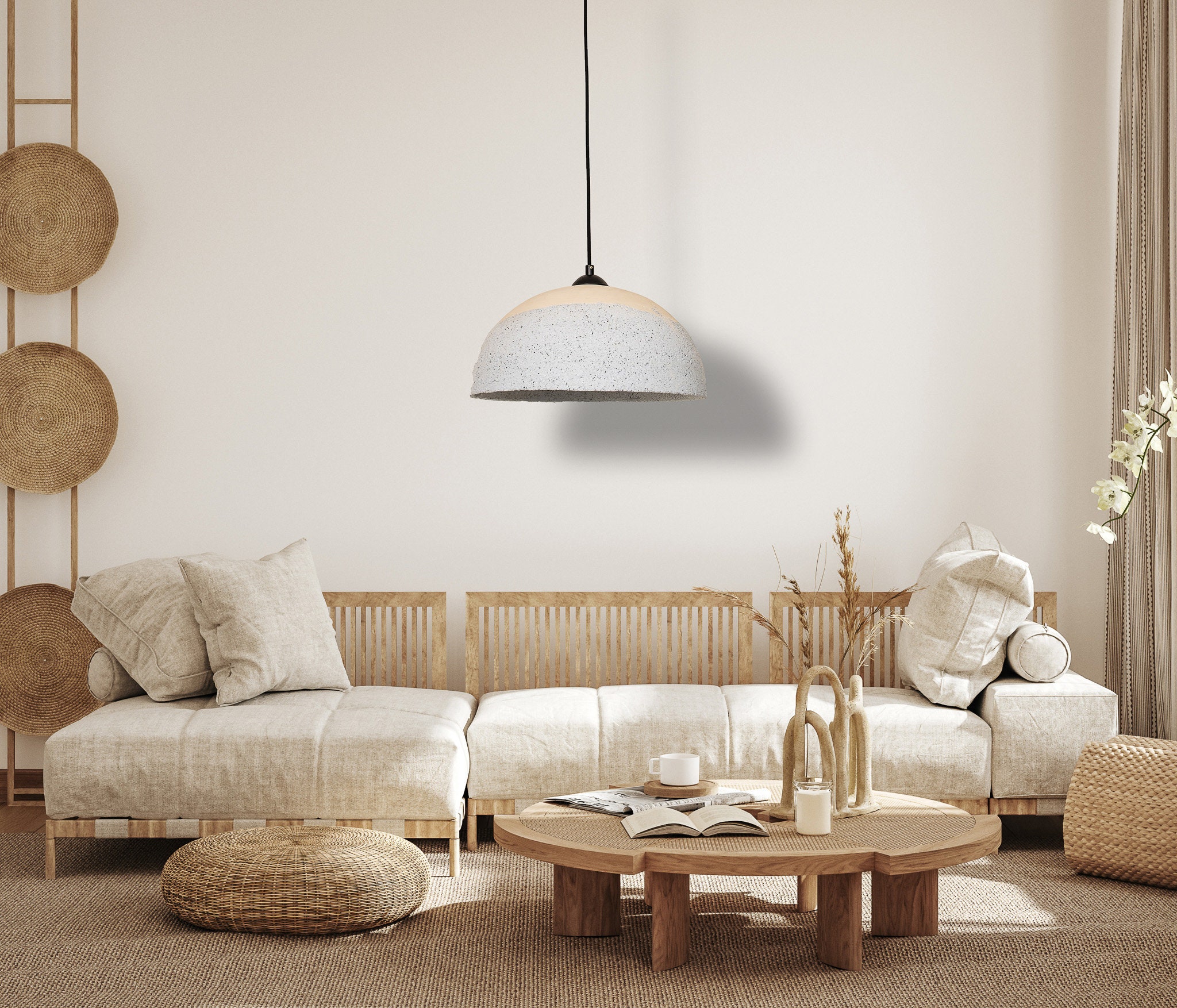 手作り陶器ペンダントライト：青と白の侘び寂び照明（19インチ