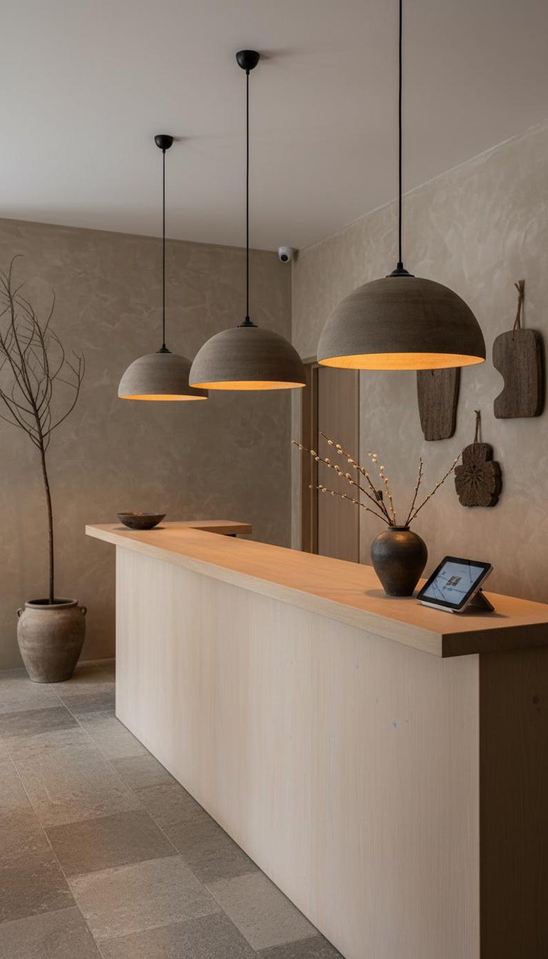 May include: Interior view of a contemporary space with three pendant lights with grey dome shades suspended above a light wood counter. A vase with branches and a tablet are on the counter. The walls are a textured beige.