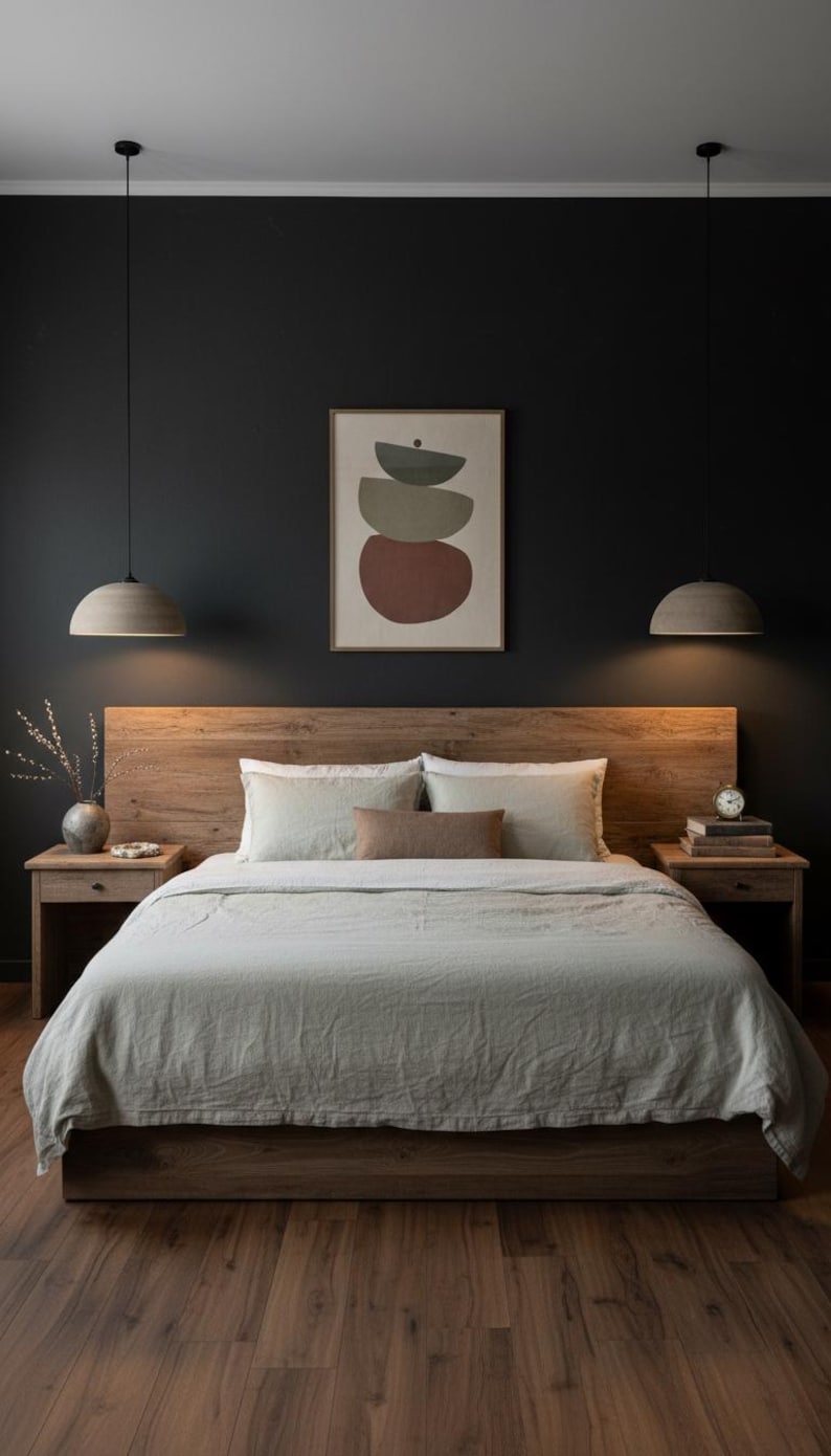 May include: A bedroom featuring a wooden bed with a headboard and bedside tables. The bed is dressed with light-coloured bedding and pillows. Two pendant lights are suspended above. An abstract artwork hangs on the dark wall.