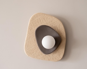 Beige Gray Ceramic Wall Sconce – Handmade Wabi Sabi Wall Light