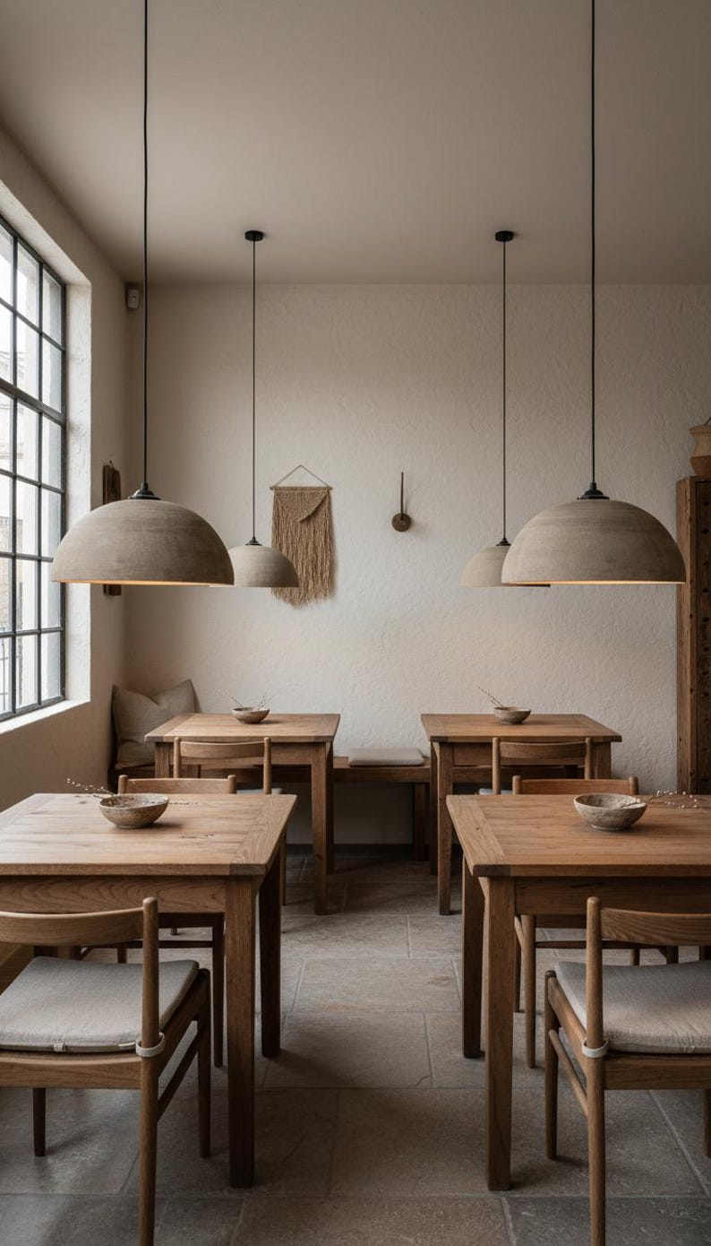 May include: Interior of a restaurant featuring wooden tables and chairs. Large, dome-shaped pendant lights hang from the ceiling. A large window is on the left side of the room, and the walls are a neutral colour.