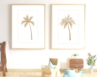 Neutral Palm Tree Prints, Coastal Wall Art, Beach Print, Neutral Wall Art, Palm Tree Illustration, Set of 2 Beach Prints, Printable