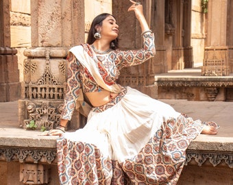 Ajrakh ChaniyaCholi - Cream & Offwhite. natural color, handblock printed  ajrakh sustainable navratri dress