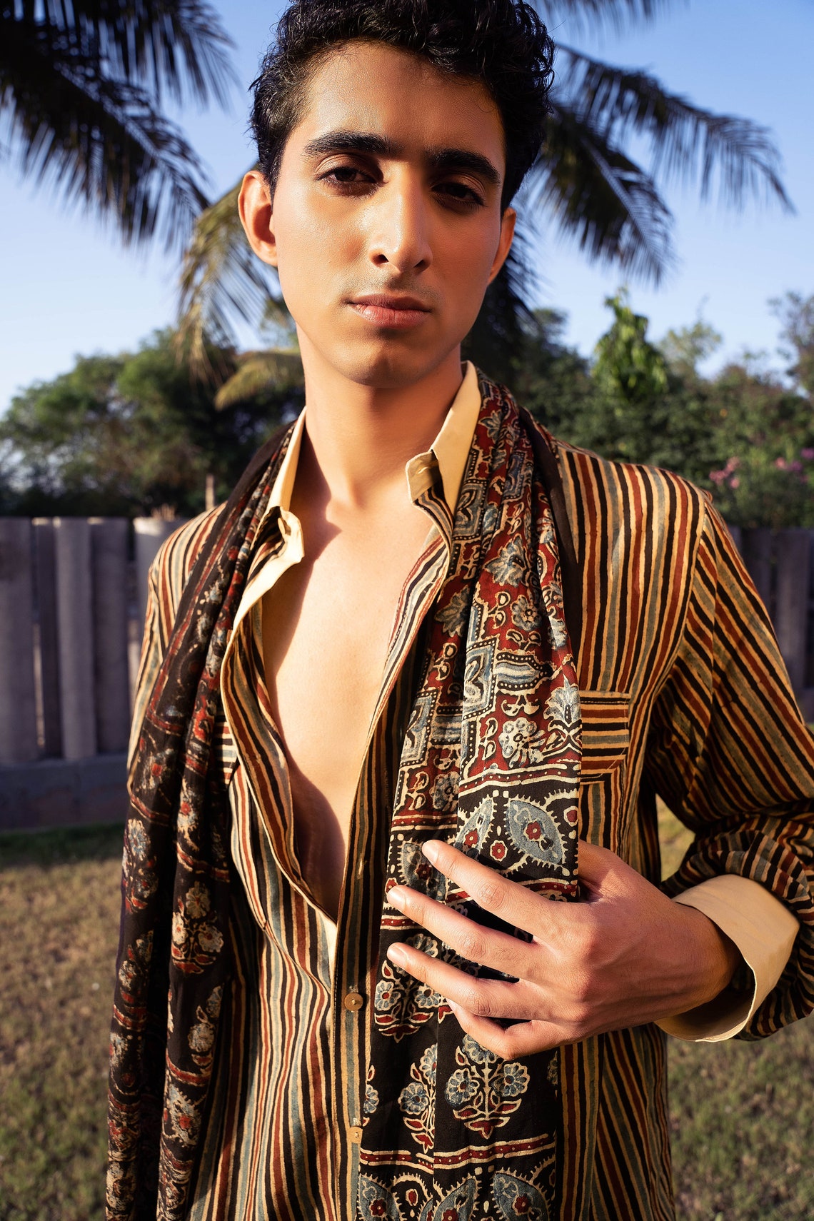 Brown - Natural Dyed Block Print Cotton Men Full Sleeve Ajrakh Shirt 13