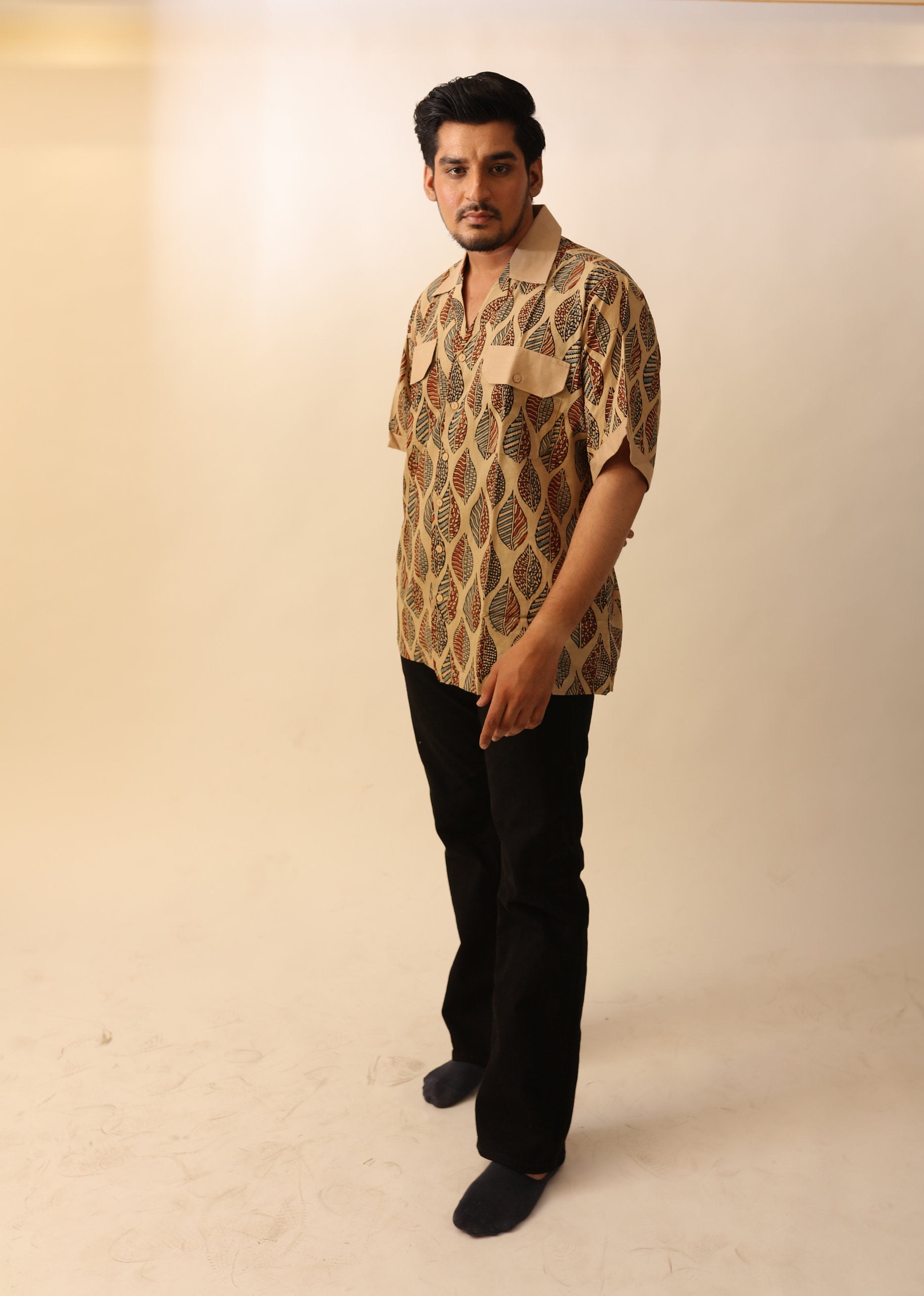 Blue - Block Print Cotton Men Half Sleeve Ajrakh Shirt 01