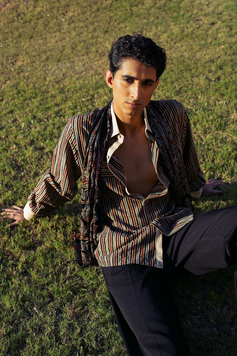 Blue - Block Print Cotton Men Half Sleeve Ajrakh Shirt 02